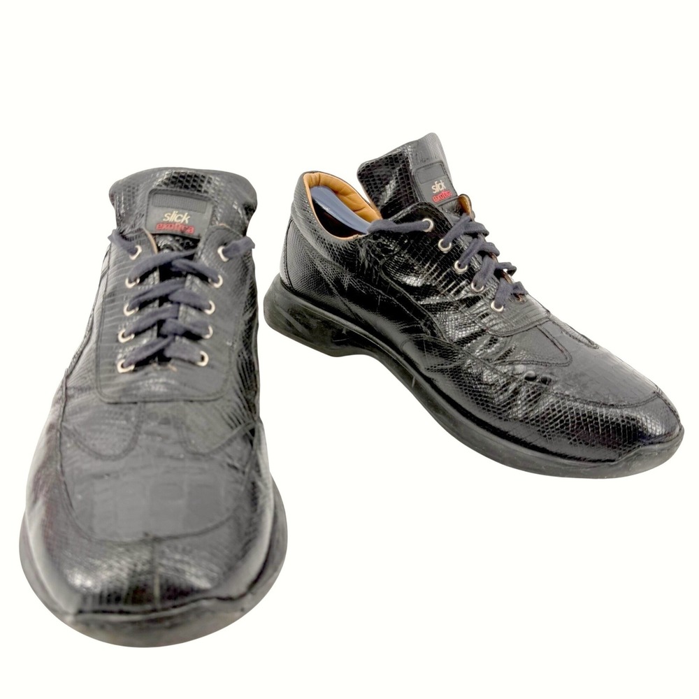 Slick Exotica Sneakers Mens 42 Blk Lizard Croc Embossed Leather Low Top Handmade